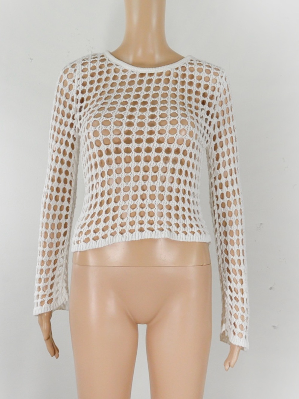 Vintage 90s Y2K White Crochet Knit Mesh Top Long Sleeve Open Weave Fishnet VTG